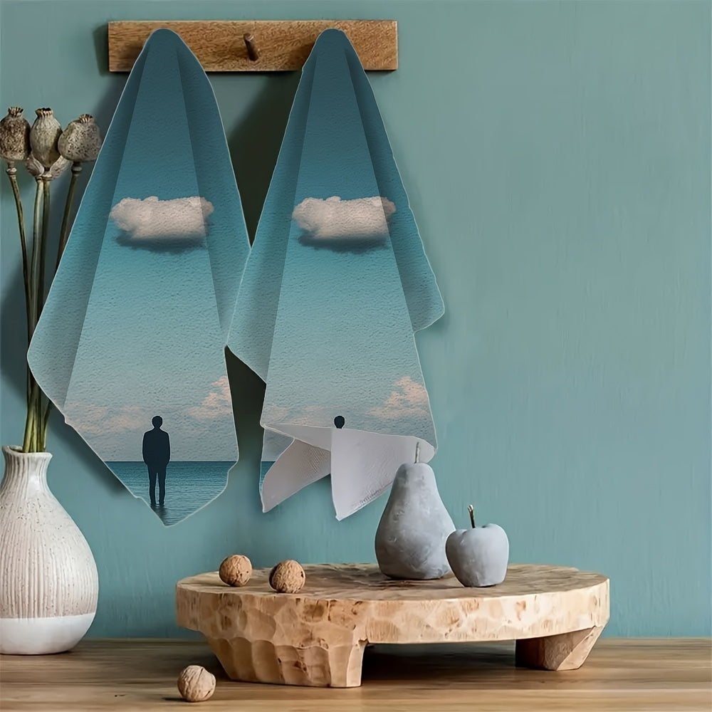 Two pieces of ultra soft kitchen towels featuring the "Solitary Cloud" sky design. These towels are highly absorbent and machine washable, making them perfect for drying dishes and hands. Add a touch of contemporary coastal decor to your kitchen with