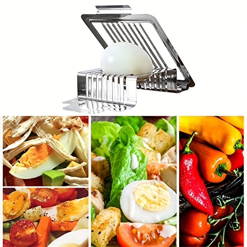 1 piece of egg slicer with stainless steel blades for slicing hard boiled eggs, fruits and other foods creatively in the kitchen. A versatile tool for cutting eggs and other ingredients in the household.