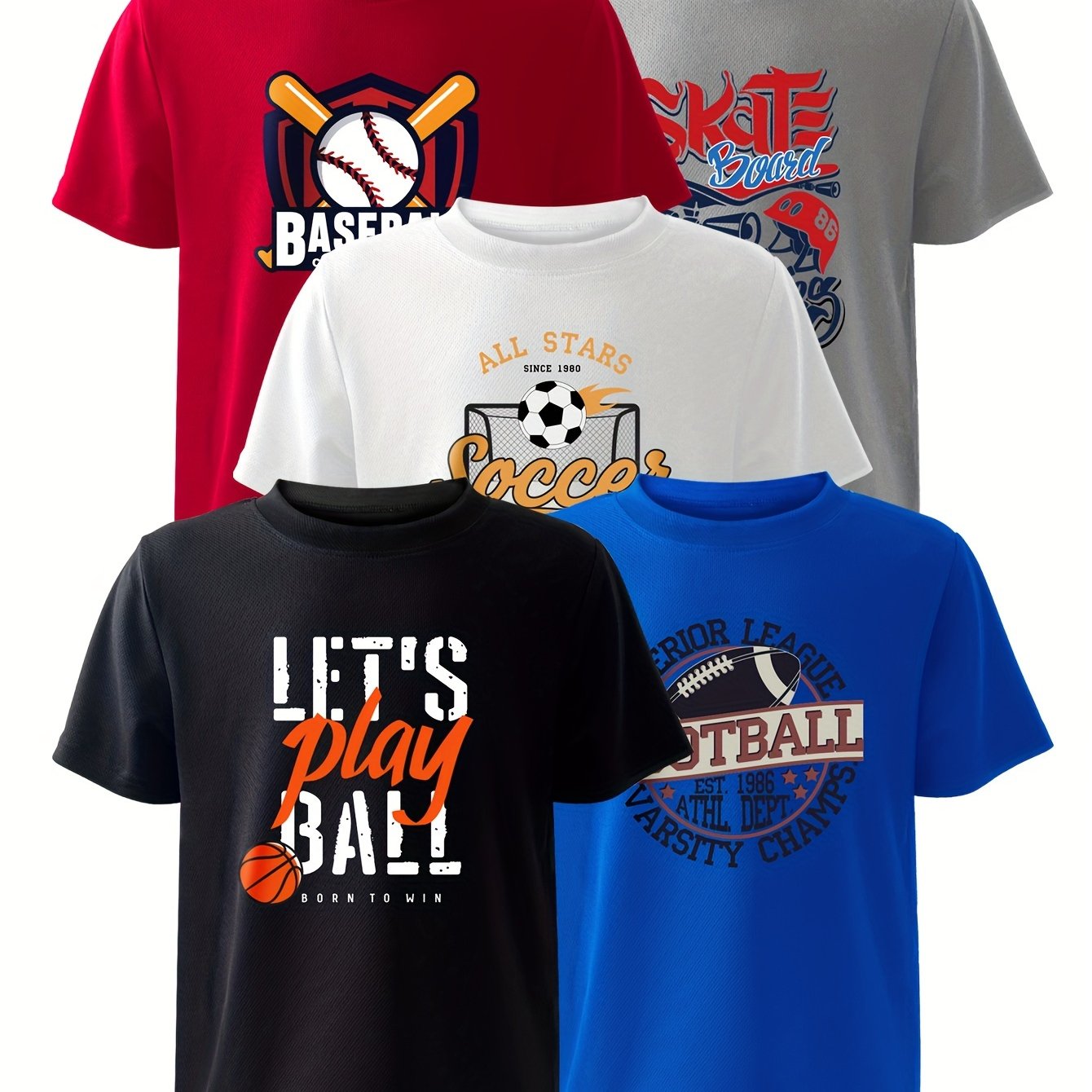 Boys' 5pcs Quick-Dry Sports T-Shirts - Ideal for Basketball, Soccer, Football, & Baseball Training and Casual Wear