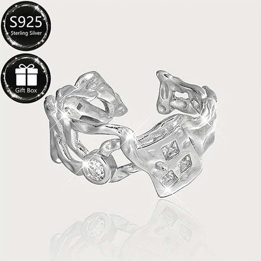 Luxurious 925 Sterling Silver Adjustable Ring featuring Shimmering Cubic Zirconia Stones, Distinctive Irregular Design, Perfect for Formal Events or Gift Giving, Versatile and Stylish Jewelry for any Occasion.