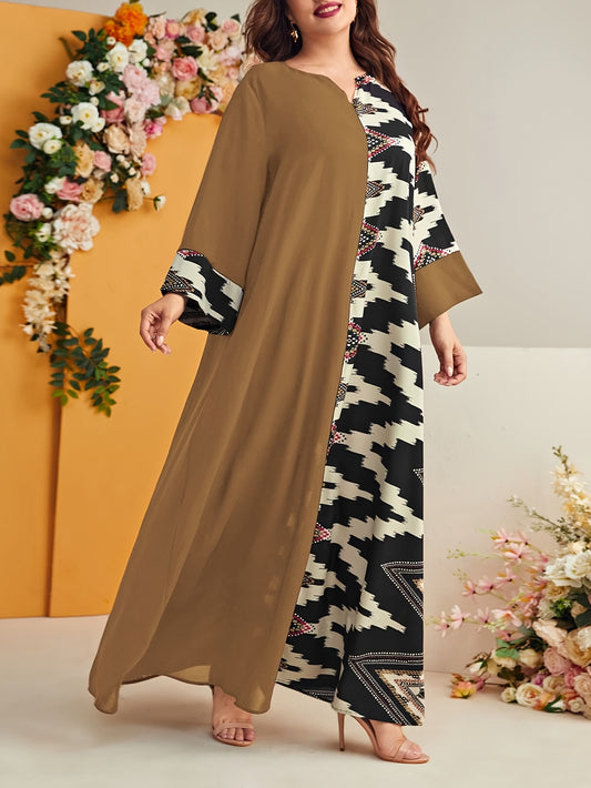 Elegant plus size geometric kaftan dress in black and beige houndstooth pattern with floral accents. Made of polyester, machine washable, with V-neck, long sleeves, and flowing silhouette