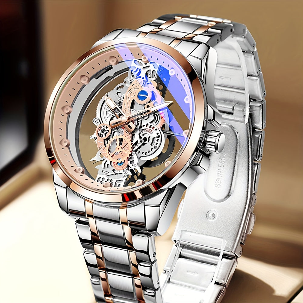 Luxury men's rose gold skeleton quartz watch with luminous hands, zinc alloy case, faux leather and stainless steel band - ideal Father's Day gift.