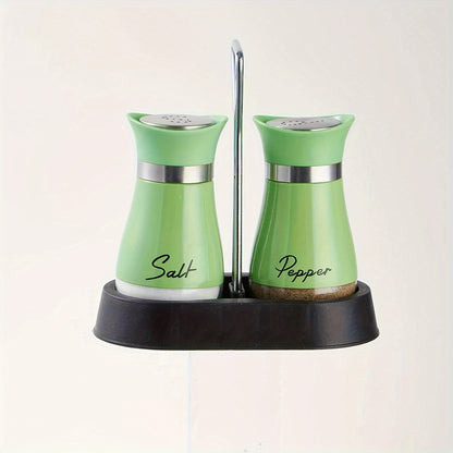 A set of salt and pepper bottle sets with 1 stand and 2 bottles. Glass bottom jars with stable stand, used for kitchen utensils, cooking tables, RVs, camping, barbecues, and seasoning.