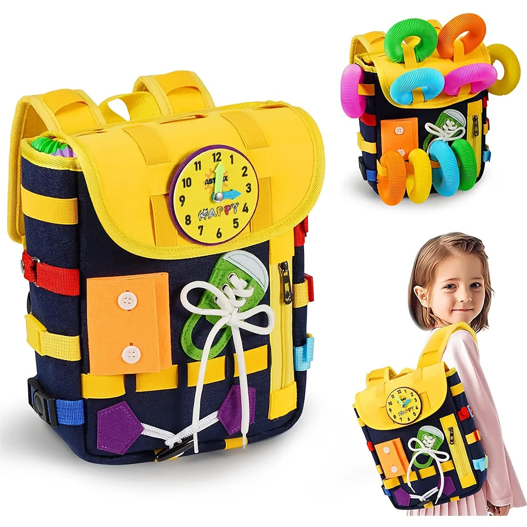 Busy Backpack is a learning activity pack for ages 0-3 with buckles and zippers, educational games, colorful felt materials, and perfect for Halloween, Christmas, and birthday gifts.