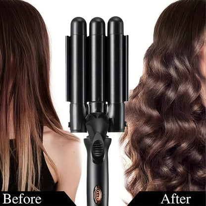 Three-barrel curling iron with temperature control for big waves and curls, creates water wave texture, black electric curler.