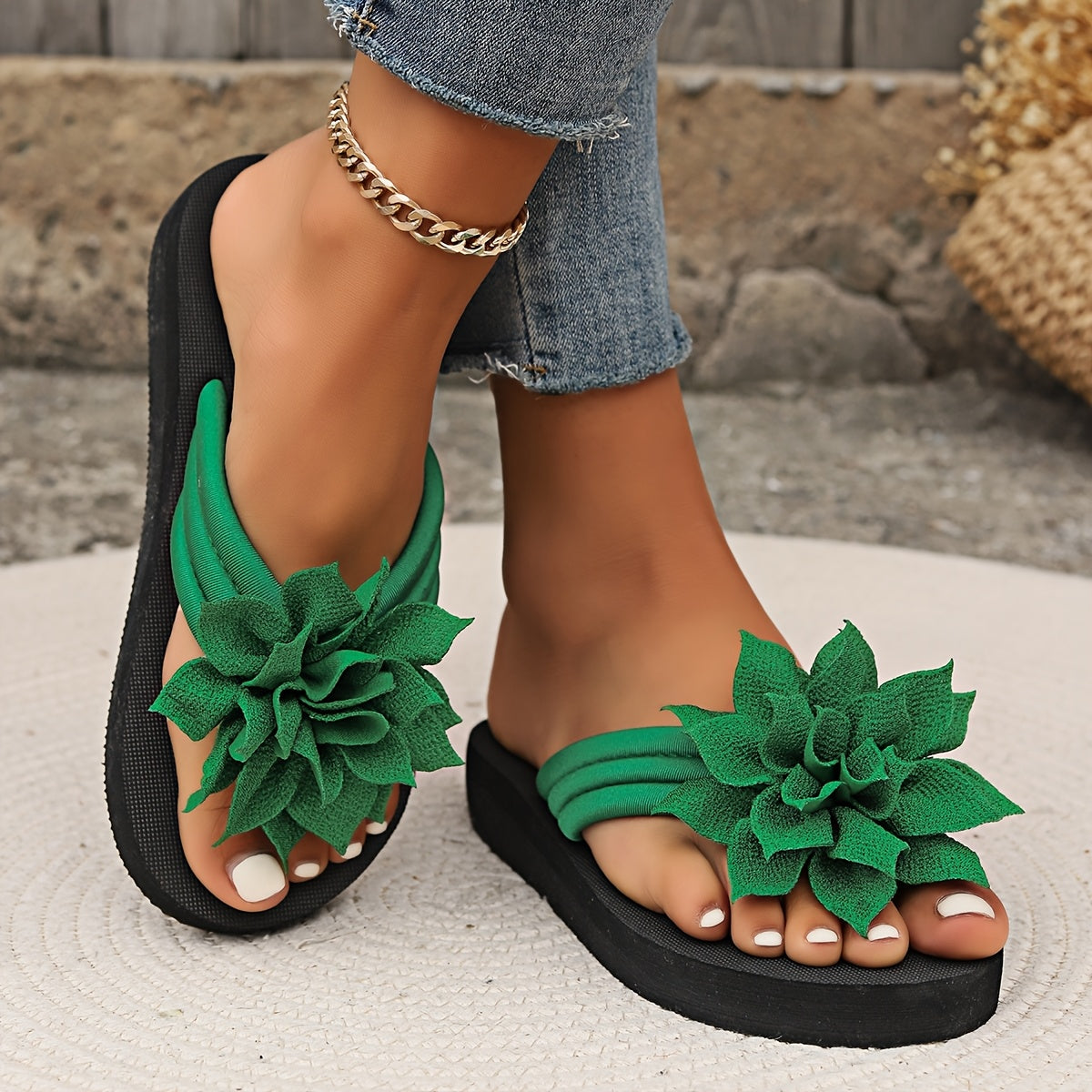 Women's floral embellished flip-flops with fabric upper, EVA sole, and mid heel, perfect for all-season wear. Originating from Taizhou, designed for North America and European special