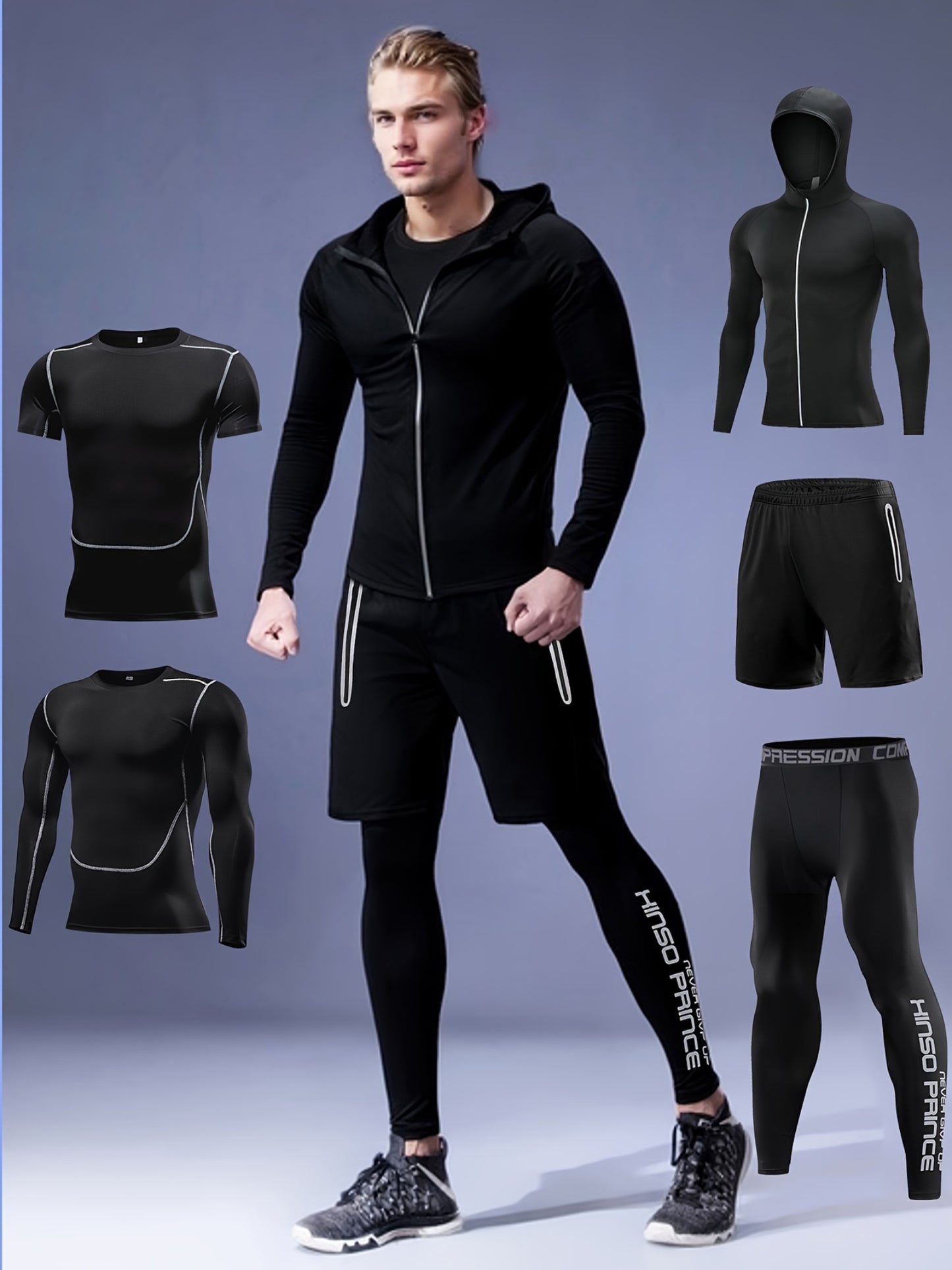 5-piece men's athletic set by Hinson Prince made of a breathable, quick-dry polyester blend. Includes zippered hoodie, tight-fit tops and bottoms suitable for gym workouts, running