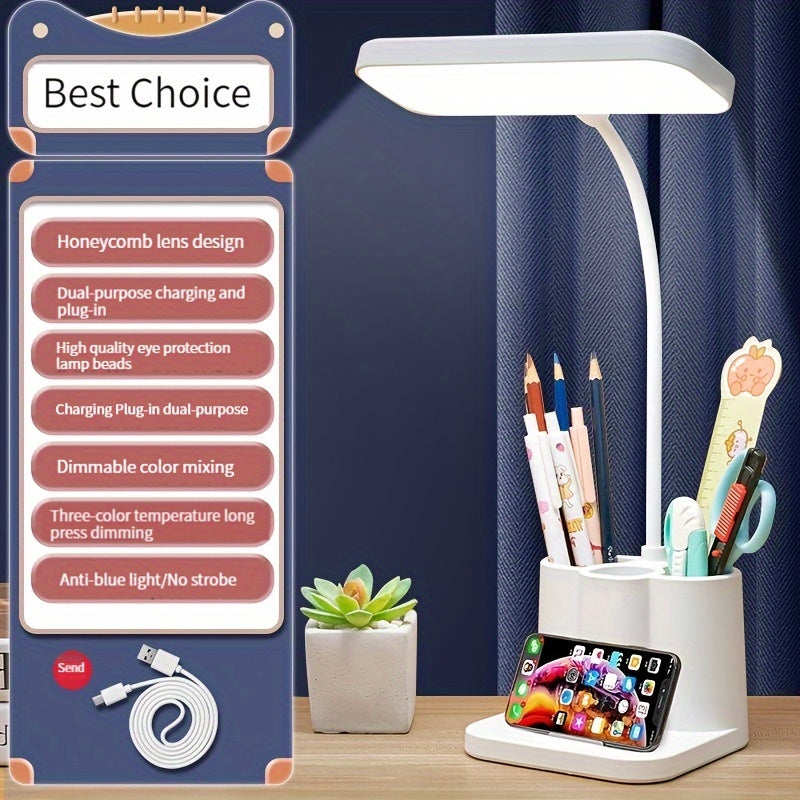 Adjustable LED desk lamp with touch control, eye-care technology, rechargeable battery, ideal for bedroom or study.