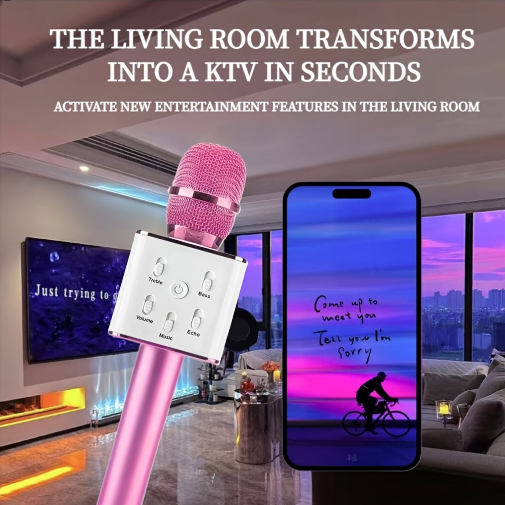 Wireless Karaoke Microphone System with USB-C rechargeable handheld design and 1200mAh lithium battery. Portable for family gatherings and parties, perfect gift for singers and entertainers.