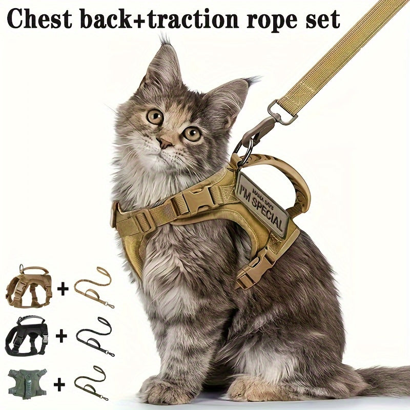 Cat harness set for walking with adjustable chest vest.