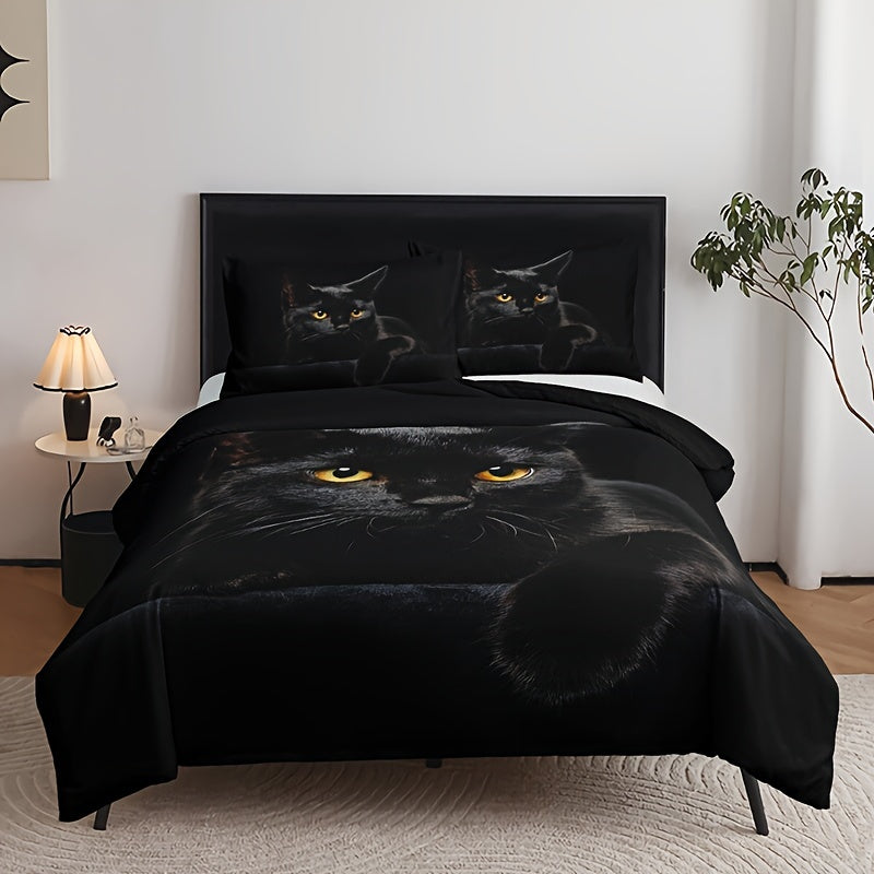 Dress up your bedroom or guest room with this stylish 3-piece Duvet Cover Set featuring a trendy 3D Black Cat print. Set includes 1 Duvet Cover and 2 Pillowcases (Core not included), providing all-season comfort. Made of soft and comfortable fabric