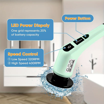 The Electric Spin Scrubber is a cordless cleaning brush that features dual-speed settings, an adjustable and detachable handle, and comes with 7 replacement heads. It is powered by a USB rechargeable 2000mAh lithium battery, making it perfect for