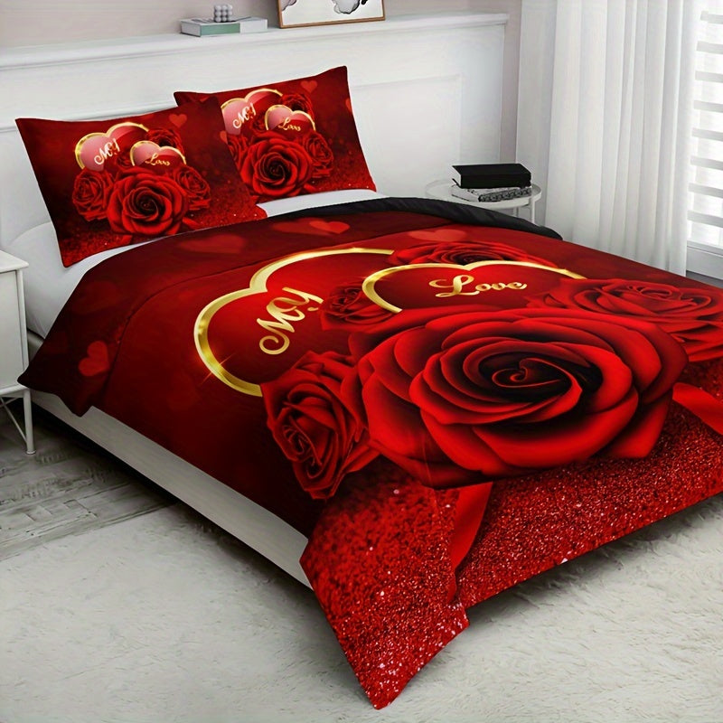 Set the mood for romance with this 3-piece Romantic Red Rose Love Floral Letter Duvet Cover Set, including 1 duvet cover and 2 pillowcases (pillow inserts not included). Featuring Valentine's Day HD printing, this bedding set is perfect for adding a