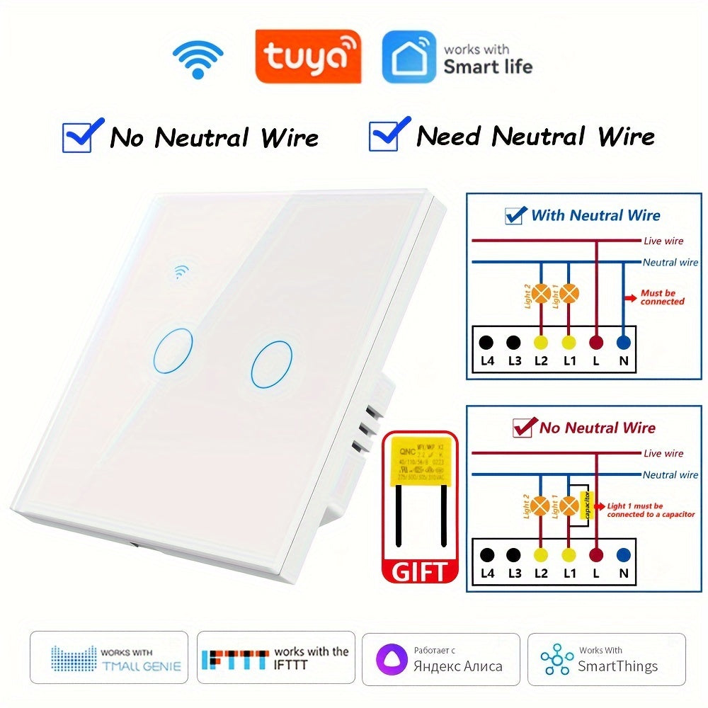 Chevolink WiFi Smart Switch with Voice Control, EU Plug, No Neutral Wire Needed, Compatible with Alexa and Google Home, 1/2/3/4 Gang, Tempered Glass Panel