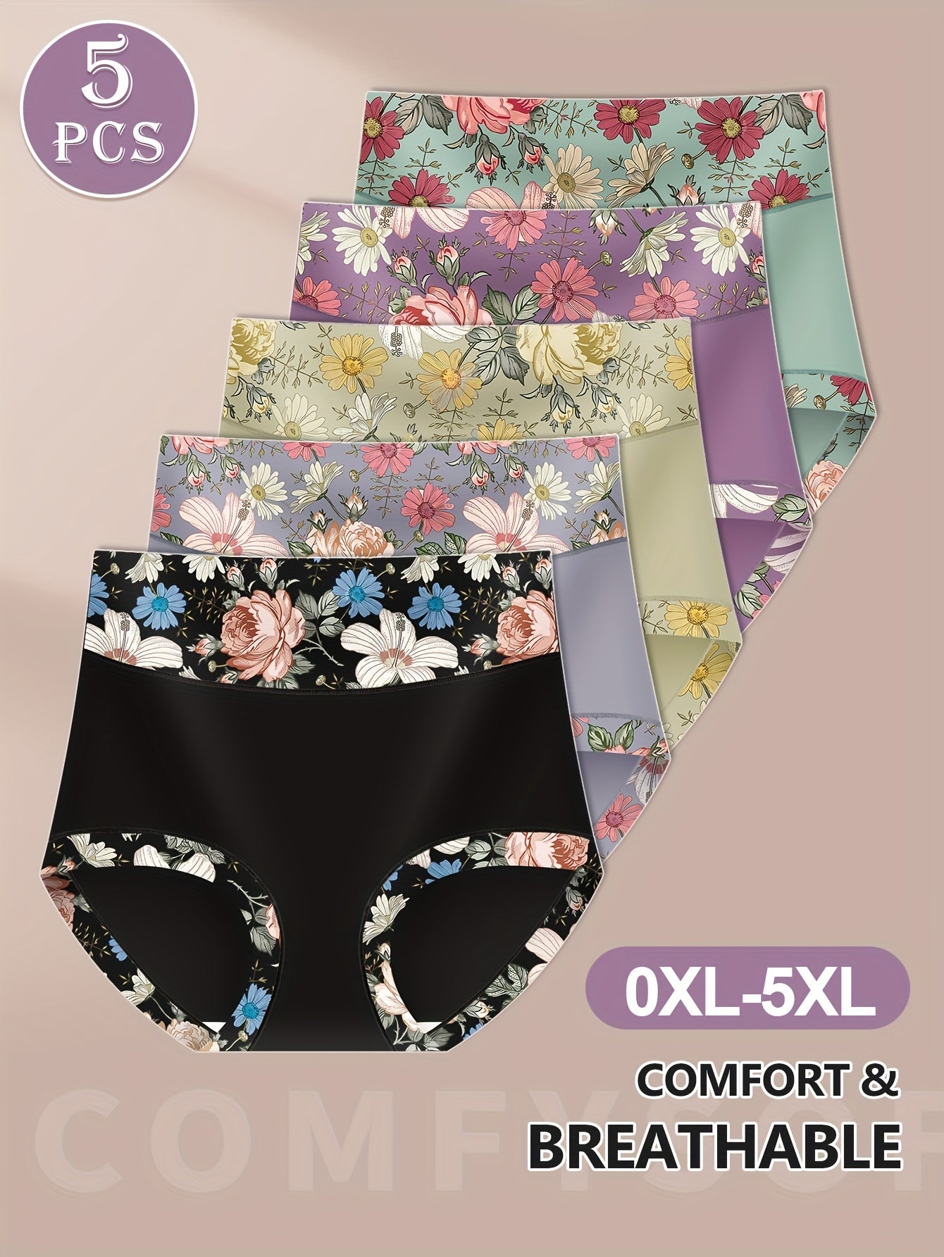 5-Pack MIOTAN High-Waisted Panties for Women with Floral Print, Tummy Control, Butt Lifter, and Elegant Style. Made of Polyester Knit Fabric with Medium Stretch for Comfortable Fit.