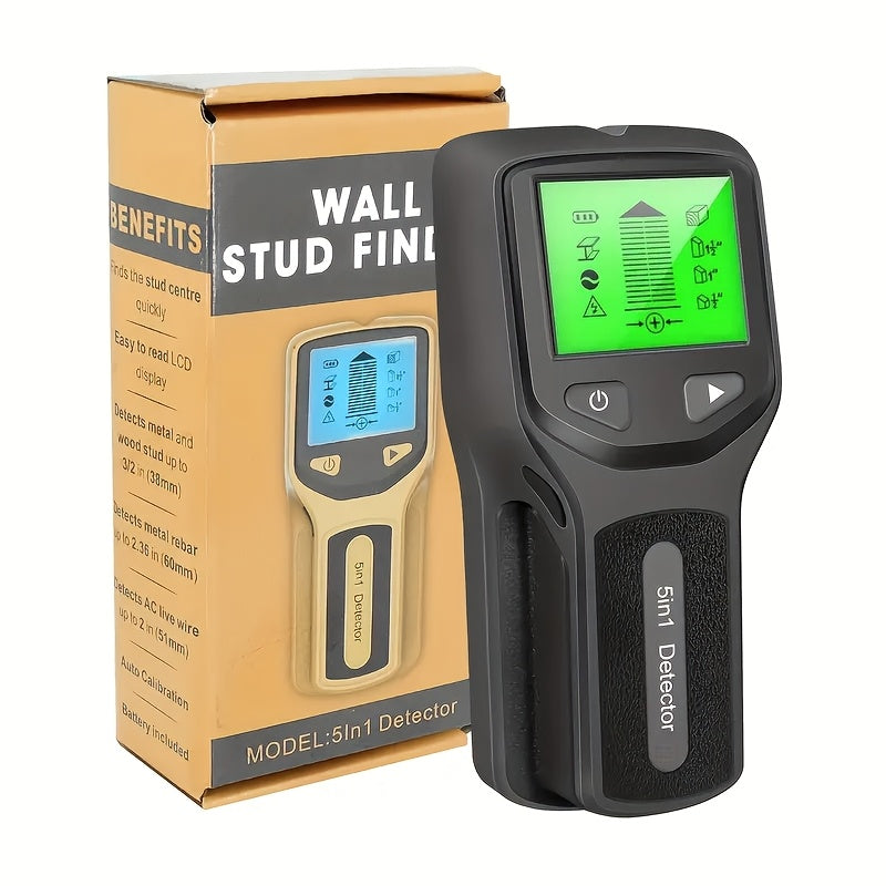 5-in-1 stud finder scans for wood, metal, and AC wires with backlit display, battery-operated (batteries not included).