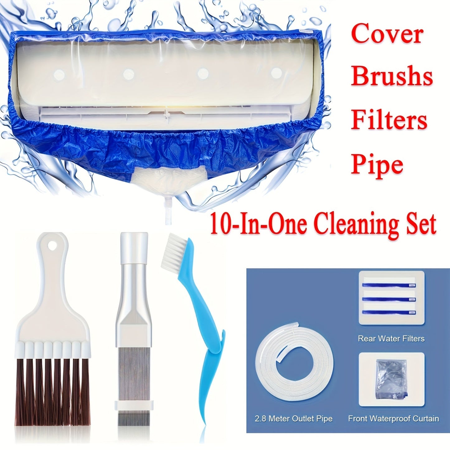 The set includes four pieces measuring 95cm/37.4inch and 130cm/51inch, designed for cleaning household large summer air conditioners. The air conditioner cleaner is equipped with a water bag and dust remover for multiple uses. It also comes with a