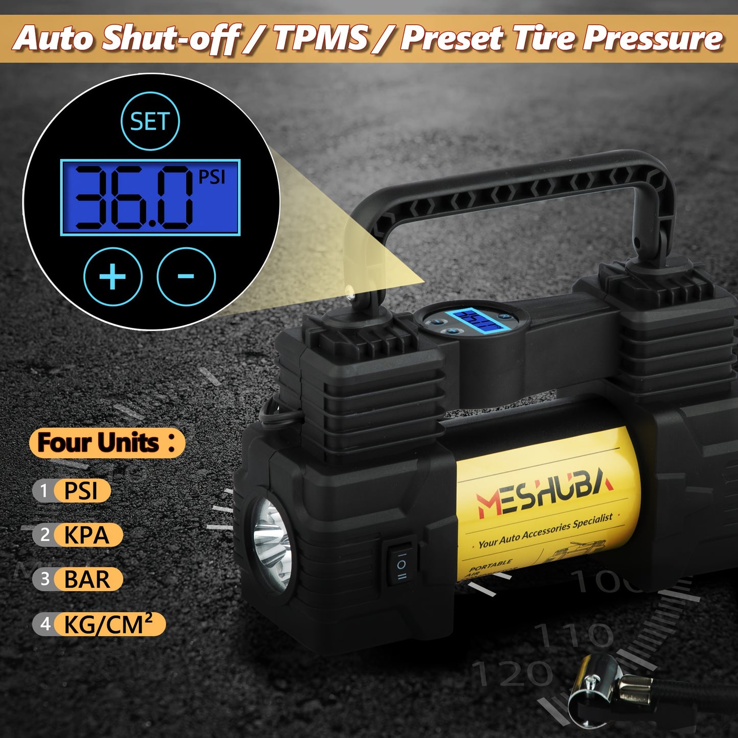 616 MESHUBA Tire Inflator: 12V Portable Air Compressor with Digital Pressure Gauge, 150PSI, Yellow (Battery Not Included)