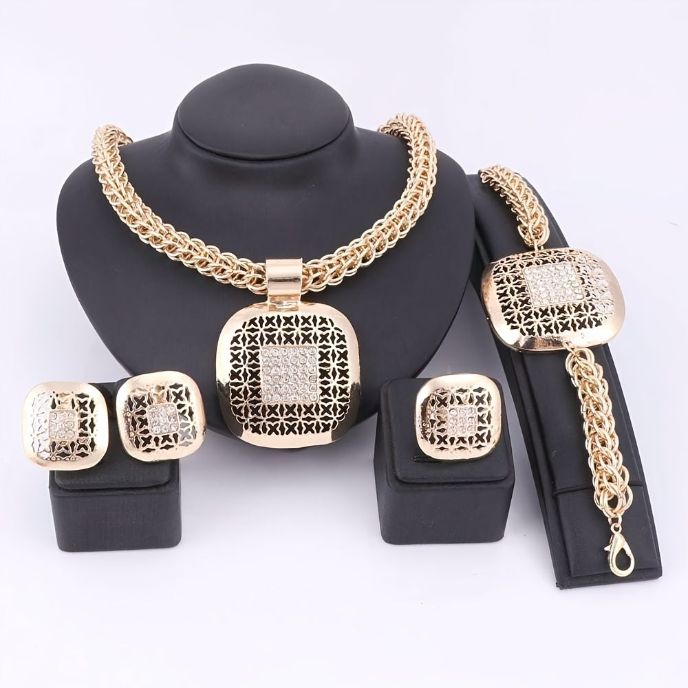 A stunning collection of jewelry inspired by the Middle East, featuring golden water diamond square pieces including a necklace, earrings, bracelet, and ring. Ideal for bridesmaids gifts at wedding parties.