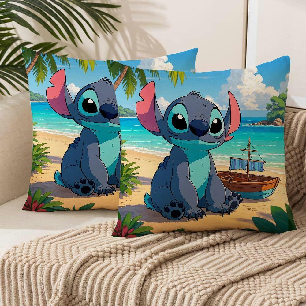 Two-pack of Disney Stitch beach scene throw pillow covers for both indoor and outdoor living room decor, featuring traditional style cushion cases.