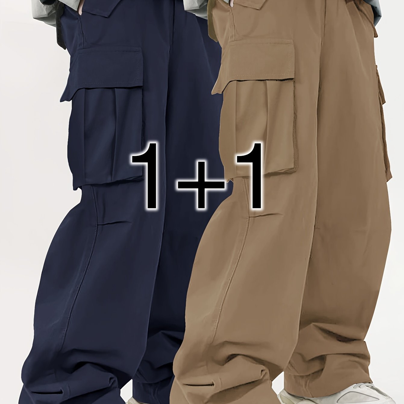 Two men's casual cargo pants with flap pockets in a solid color, loose fit, made of machine-washable polyester.