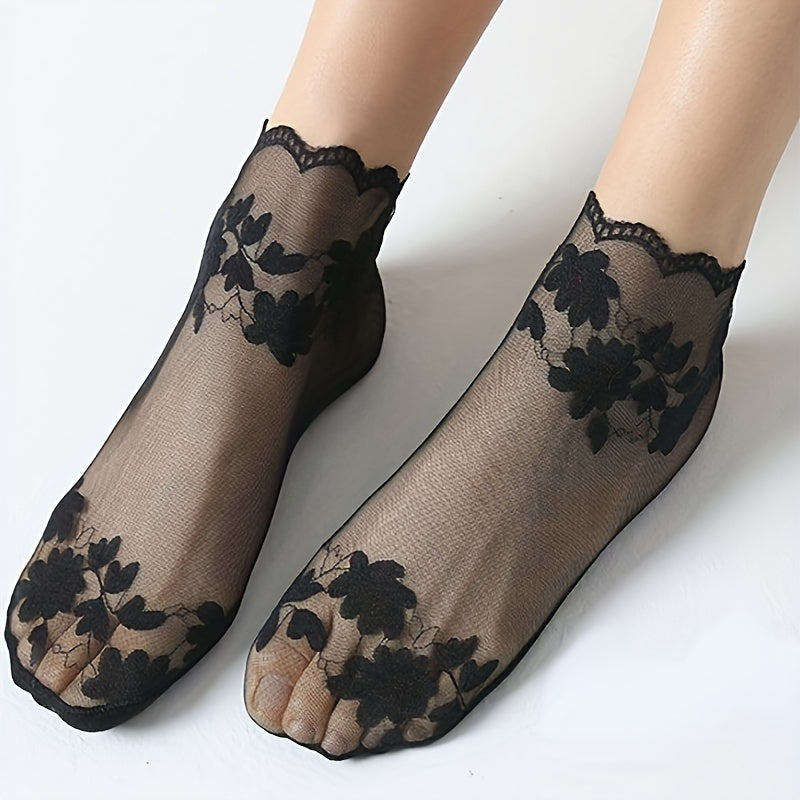 3 Pairs Women's Sheer Lace Ankle Socks, Cotton Base with Polyester & Spandex Blend, Hand Wash or Dry Clean, Solid Color, Knit Fabric, Fashion Accessory