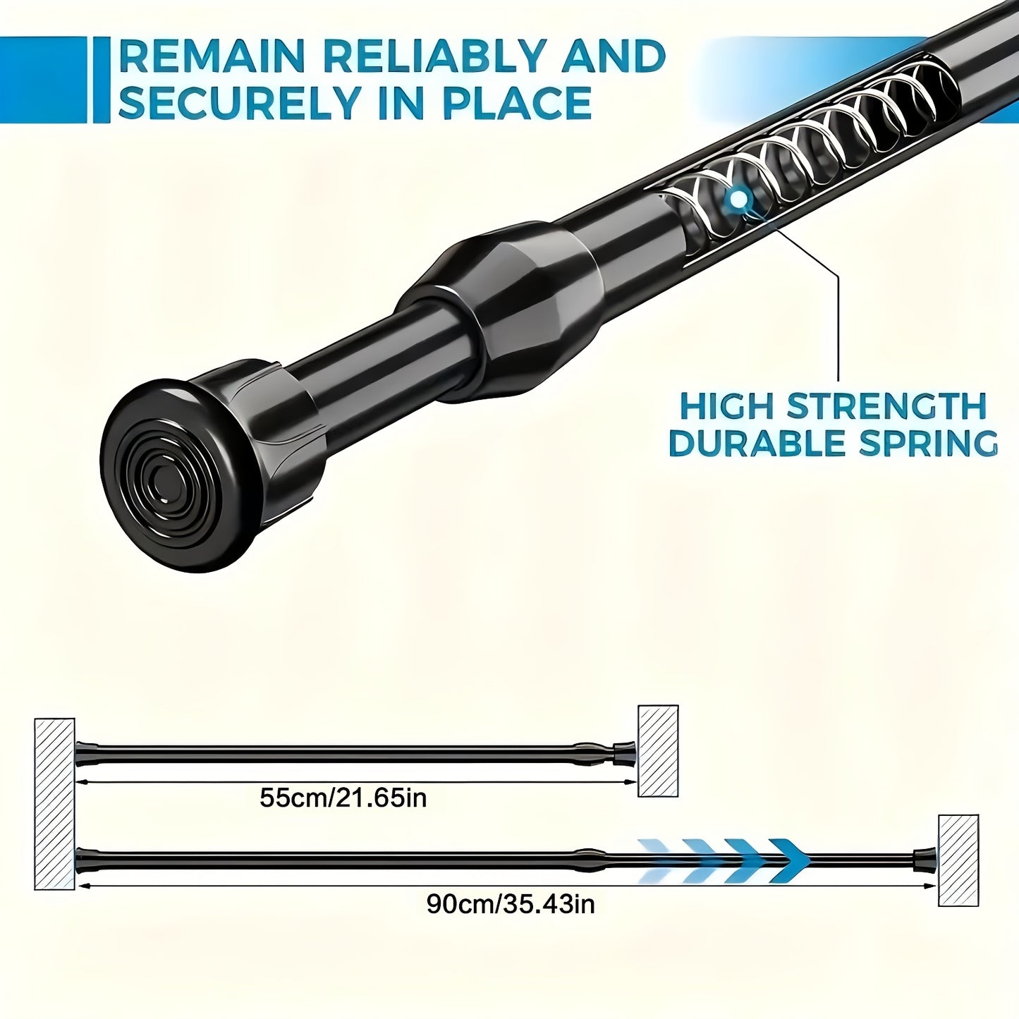 Versatile metal curtain rod with adjustable spring tension for easy installation in various spaces.