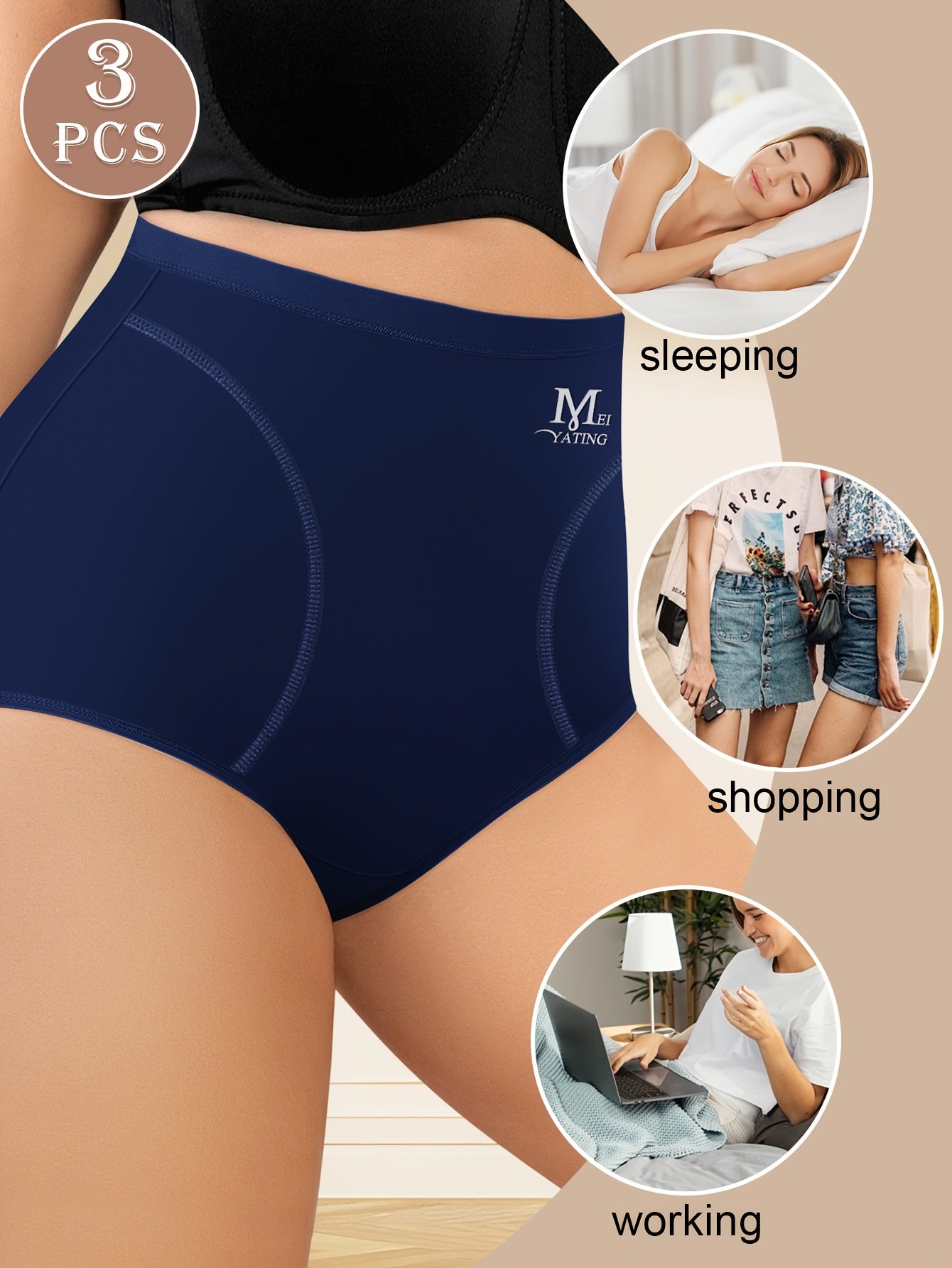 3pcs MEIYATING High Waist Shaping Panties for Women in black, purple, and navy colors. Features tummy control, comfort, and skin-friendly polyester blend. Ideal for autumn and winter.