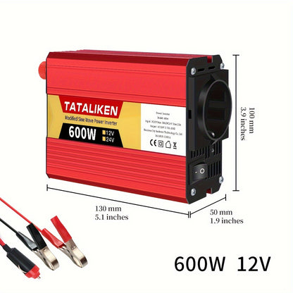 High-power 12V to 220V car inverter with 2500W-600W capacity, ideal for charging phones and tablets.