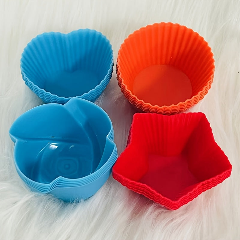 Set of 24 Vibrant Silicone Cupcake Liners - Reusable and Nonstick Baking Cups in Assorted Shapes (Round, Star, Heart, Flower) - Effortless Cleaning Pastry Molds for Muffins and Cupcakes, Durable Cupcake Liners | Fun Kitchen Accessories | Flexible Baking