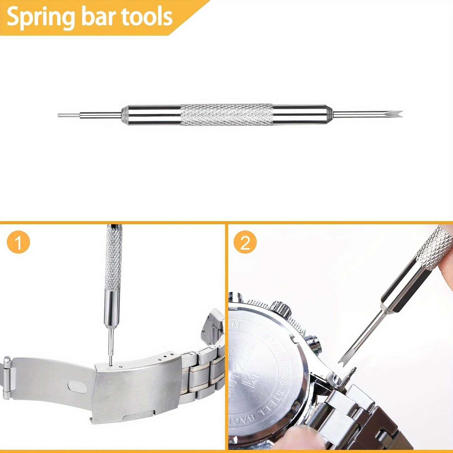 Watch Link Removal Tool Set includes 15 pieces, a Watch Band Tool Kit, Watch Strap Link Pin Adjustable Remover, Spring Bar Tool, and Spare Needles.