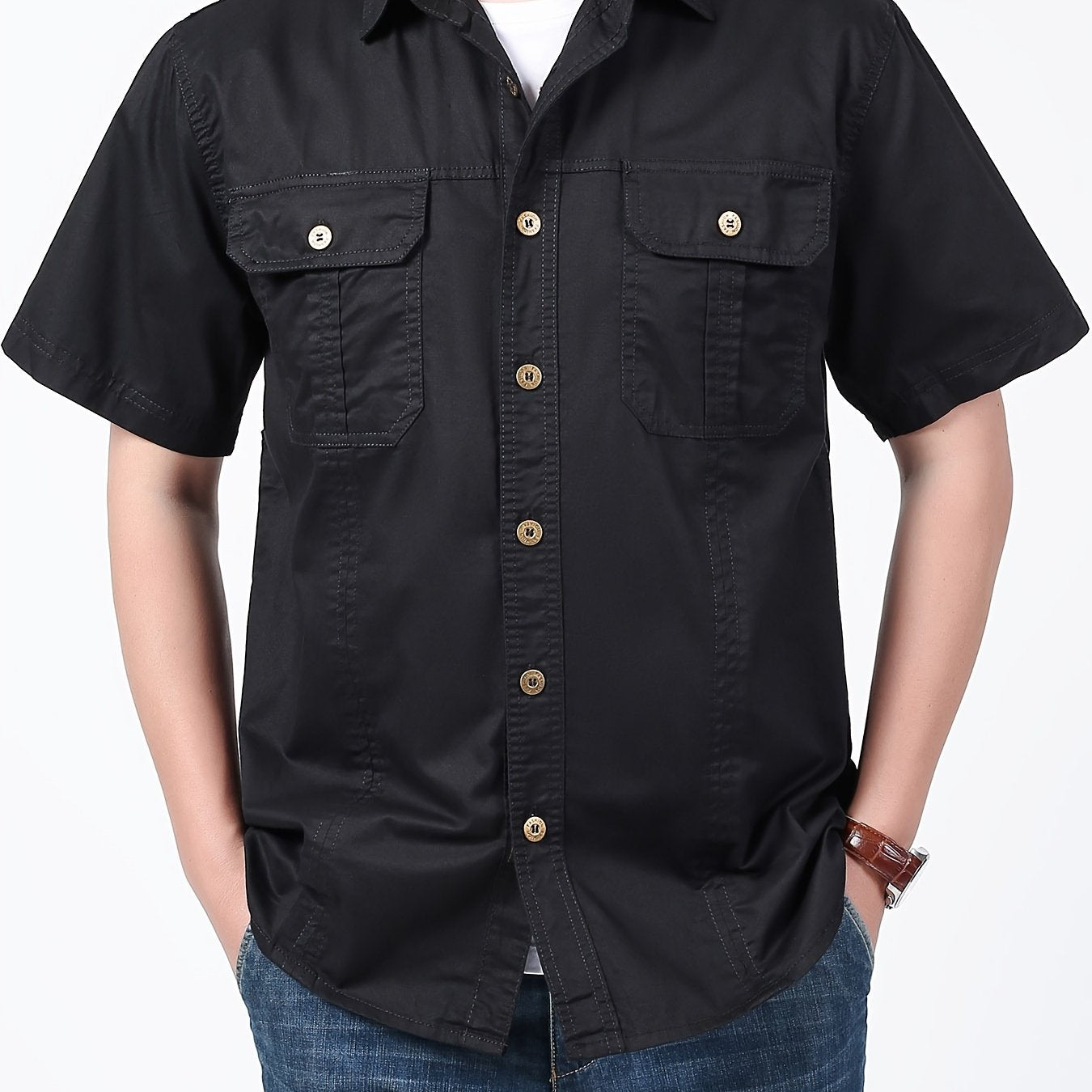 New summer men's cotton casual short-sleeved shirt