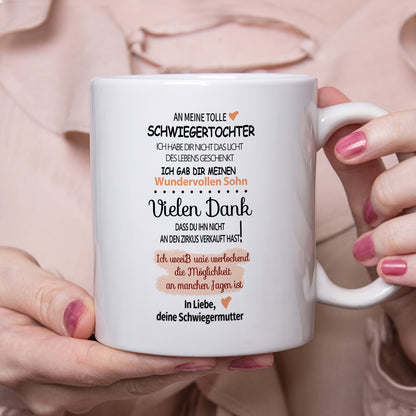 German Coffee Mug for daughter-in-law, perfect gift for birthdays and holidays.