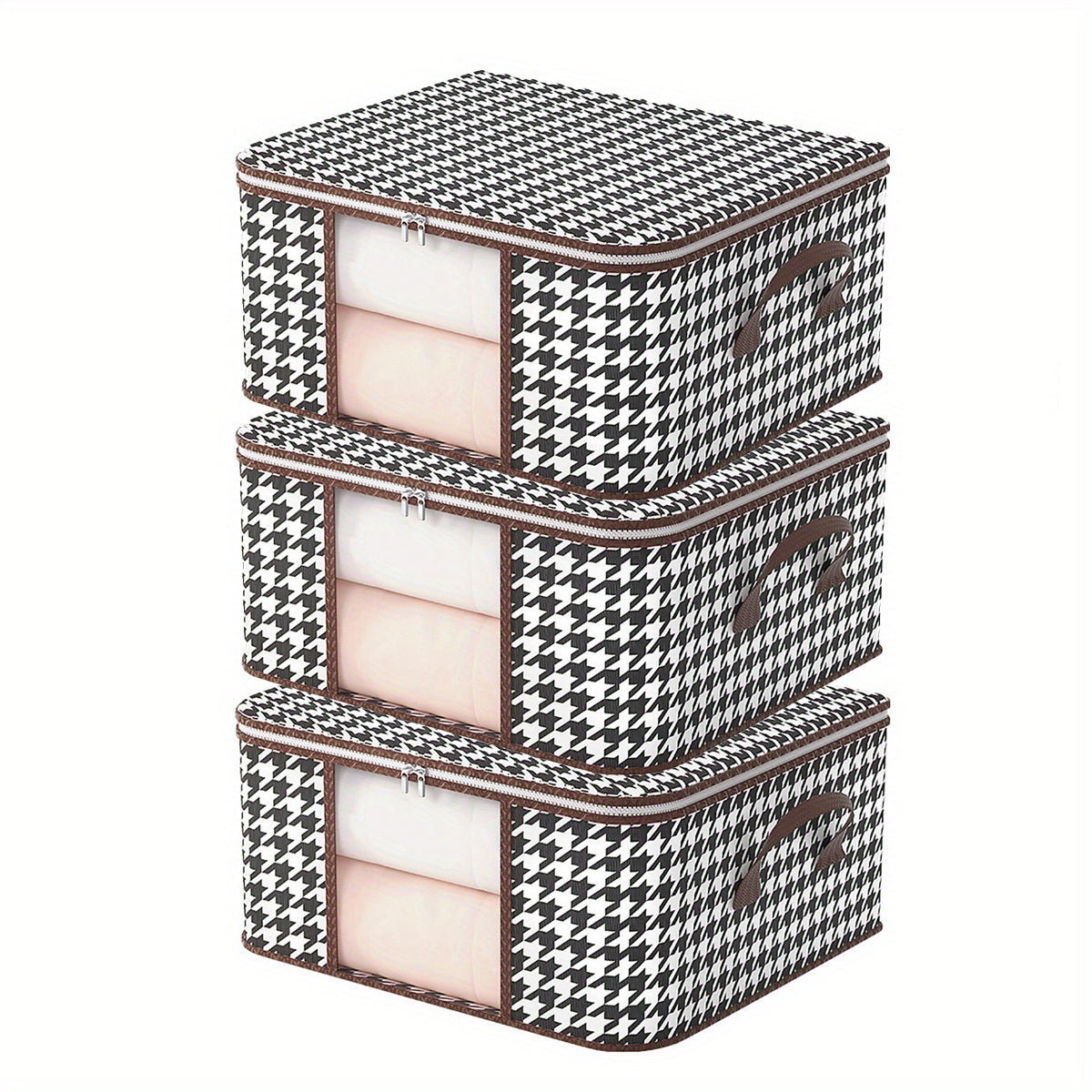 The Houndstooth Pattern Clothes Storage Bag with Transparent Window is a versatile and stylish option for organizing your wardrobe. Made of non-woven material, this quilt clothes organizer bag is dustproof and foldable for easy storage. It makes a