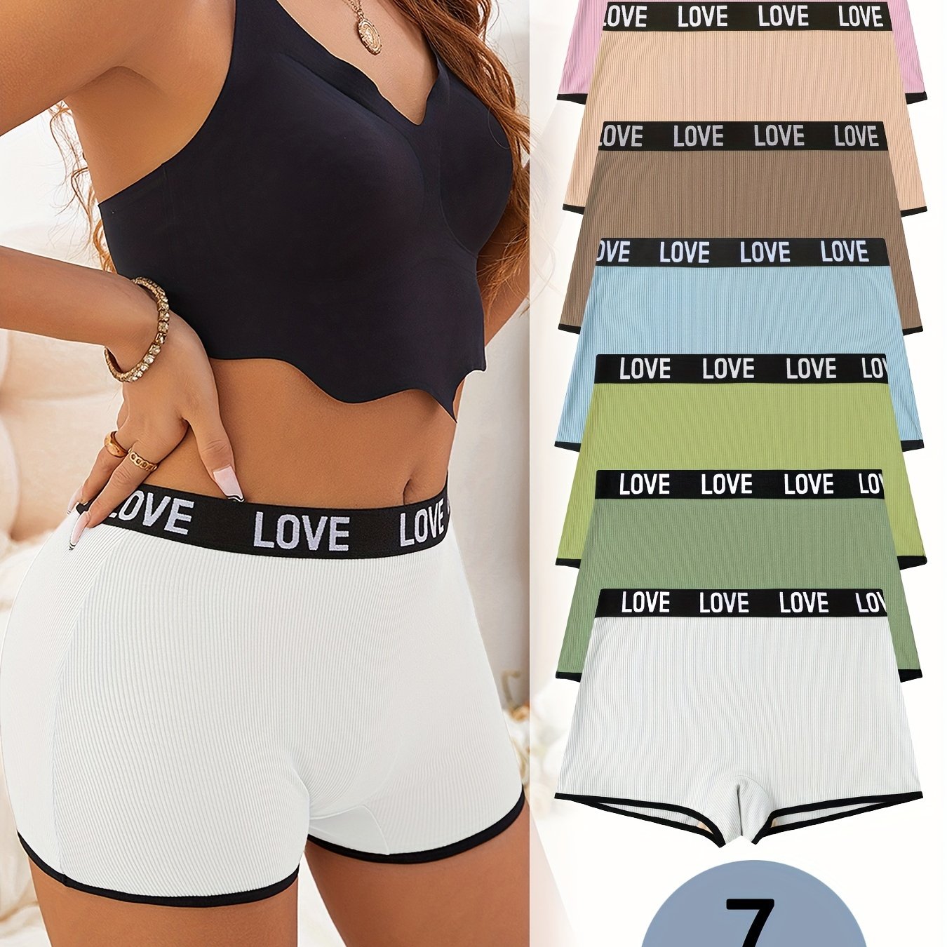 7 pieces of letter print boxer shorts with contrast trim, seamless and breathable for women's lingerie and underwear.