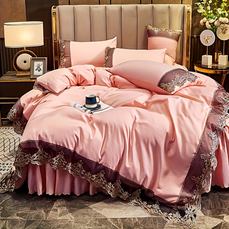 Lace bedding set in various colors with quilt cover and matching pillowcase. Available in two or three piece set.