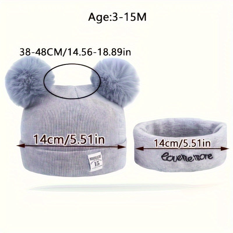 2-piece set of cozy knitted beanie with pom pom and snood featuring alphabet design, ideal for fall/winter, birthdays, and casual attire.