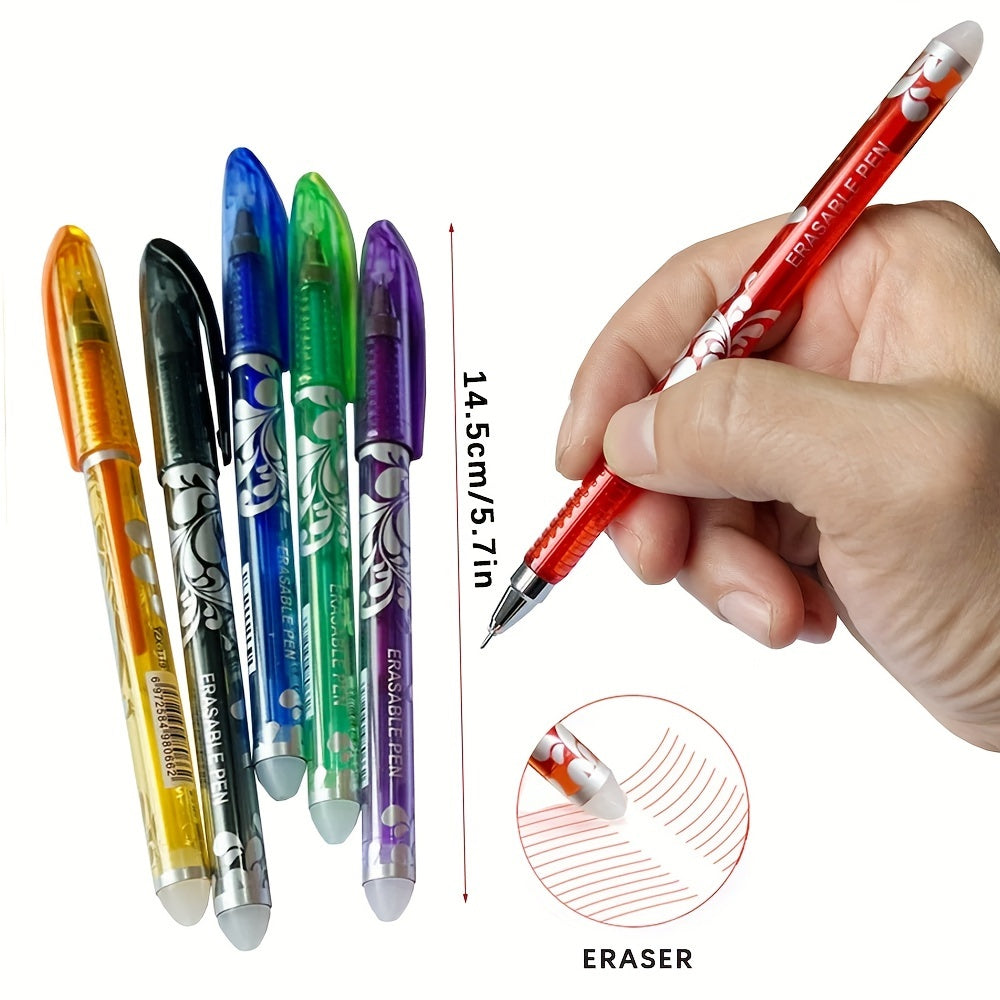 16 erasable gel pens with a 0.5mm tip in 6 colors, stored in a creative bottle for students and office use.