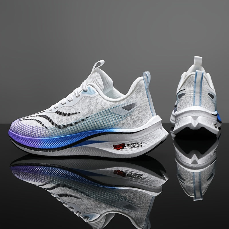 Trendy men's running shoes with gradient striped design, ideal for outdoor training and traveling.