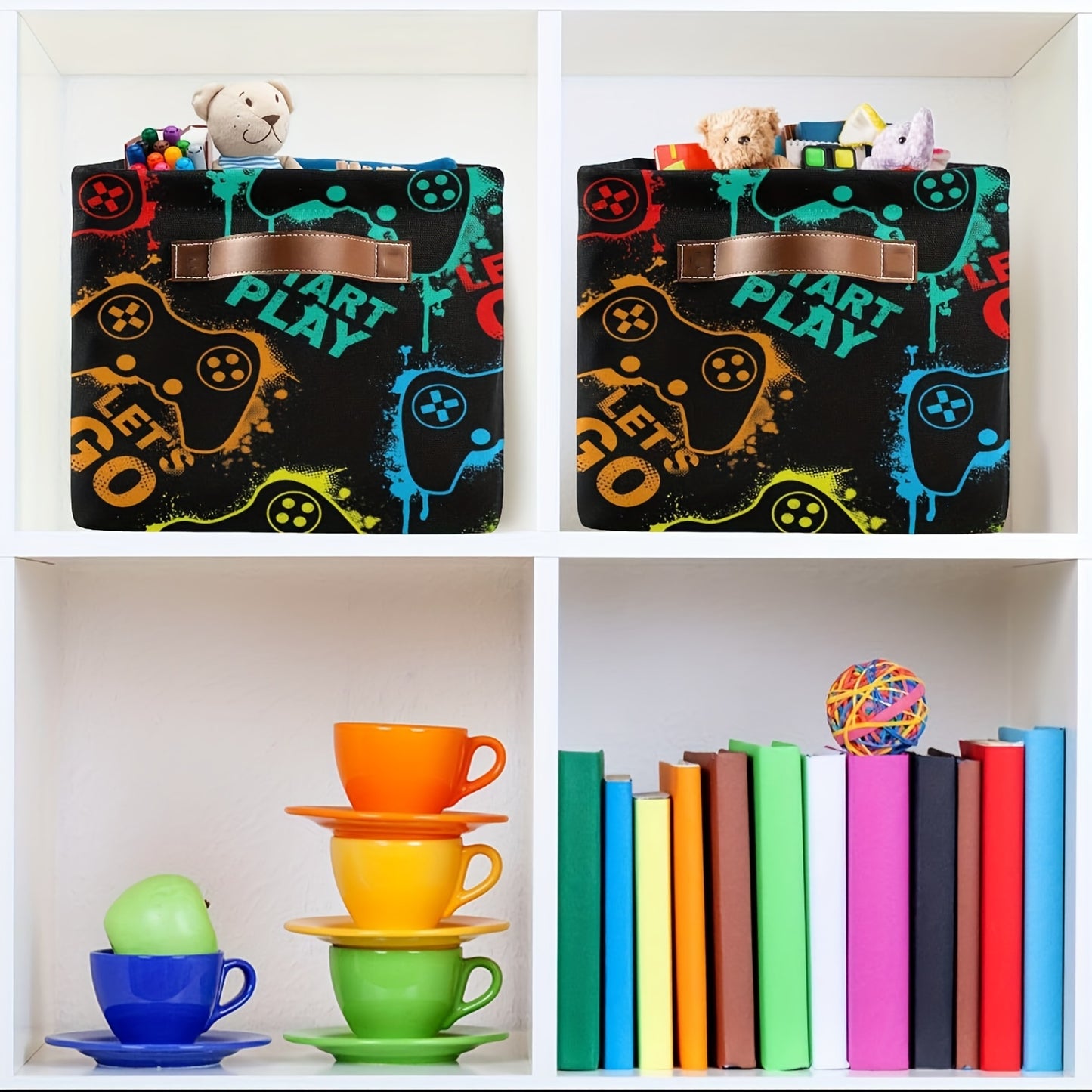 Durable black fabric bin with vibrant controller design. Foldable canvas organizer with handles for clothes, books, toys. Perfect for home, office, or closet organization.