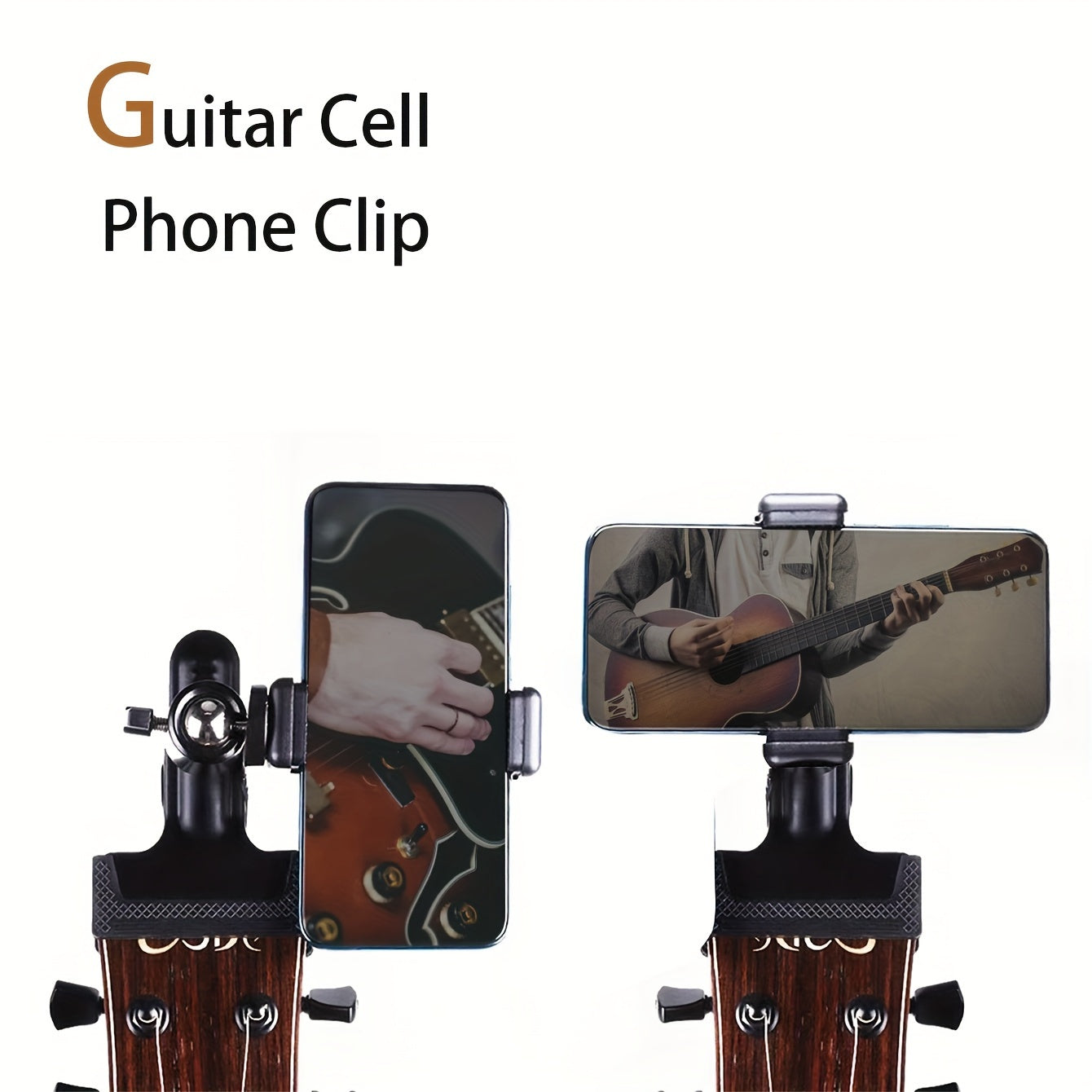 Black alloy cell phone clip for live streaming and recording musical instruments, doubles as a selfie holder.