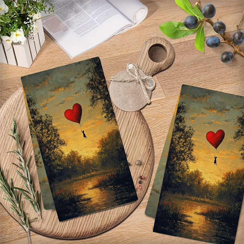 Two pieces of ultra soft kitchen towels with a heart kite flying in a park design. These highly absorbent dish hand towels are perfect for holiday decor. They are machine washable and measure 16x24 inches. - Item code: 2KYSYS1215263