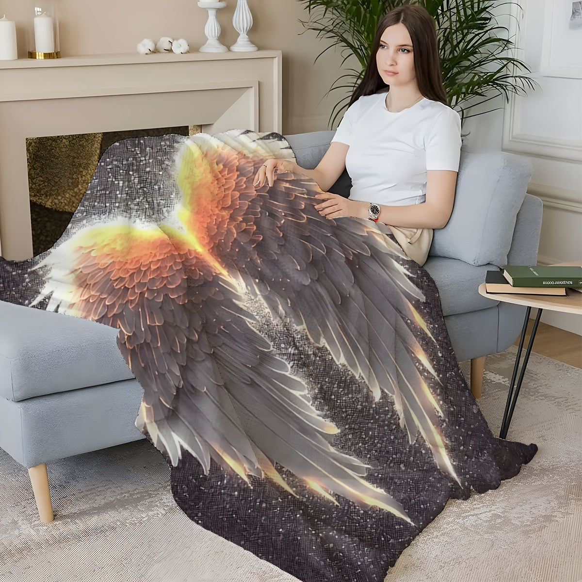 Contemporary Glowing Wings Print Flannel Blanket - Soft and Cozy Polyester Knit Throw for All Seasons, Perfect for Sofa, Travel, Bedroom, and Car - Lightweight and Vibrant Digital Print Bedding Option, 200-250gsm