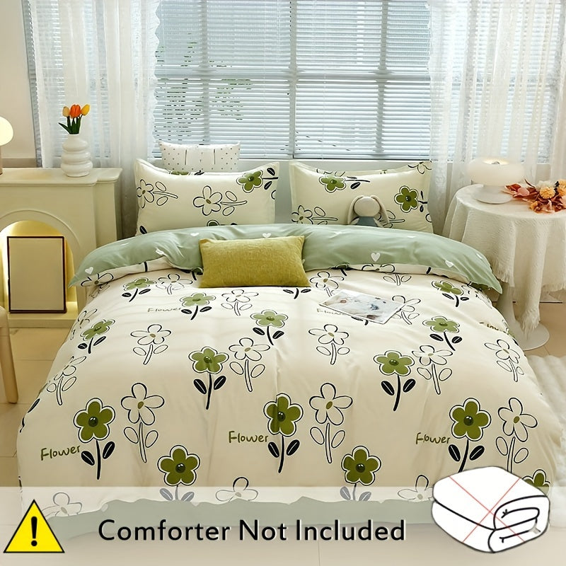 4-piece skin-friendly duvet cover set featuring a fresh flower print design. Includes duvet cover, flat sheet, and two pillowcases (core not included). Suitable for all seasons and perfect