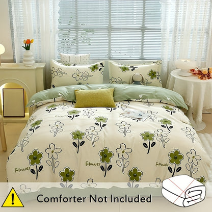 4-piece skin-friendly duvet cover set featuring a fresh flower print design. Includes duvet cover, flat sheet, and two pillowcases (core not included). Suitable for all seasons and perfect