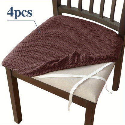 4/6pcs stretchable dining chair seat covers with integrated design, elastic fit and ties. Machine washable and available in multiple colors for home, hotel, restaurant use.