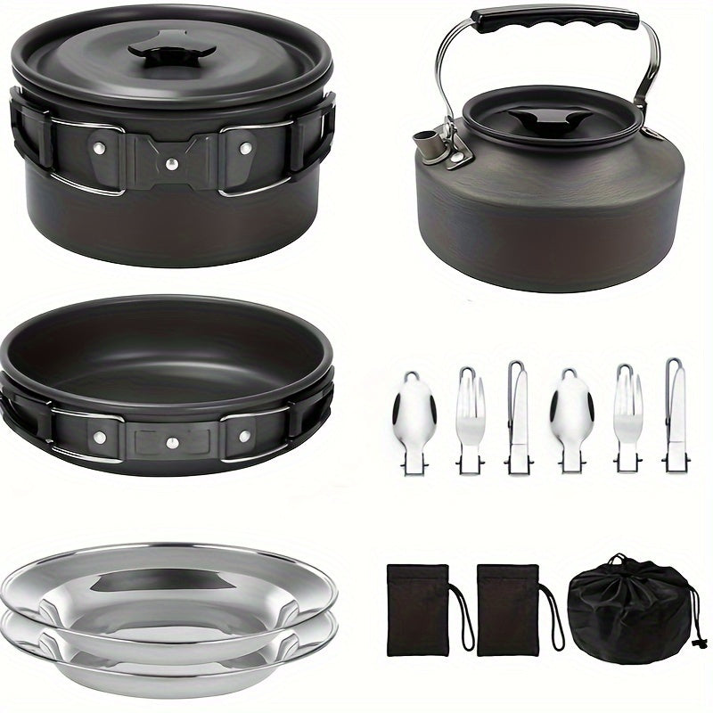 Portable camping cookware set for 2-3 people includes pot, pan, kettle, utensils, and foldable storage.