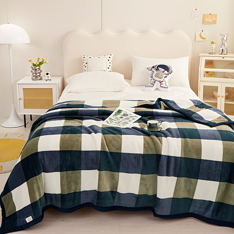 Soft and cozy blue plaid flannel throw blanket that is gentle on skin for all seasons. Ideal for naps at home, the office, in the car, while camping, or during travel.