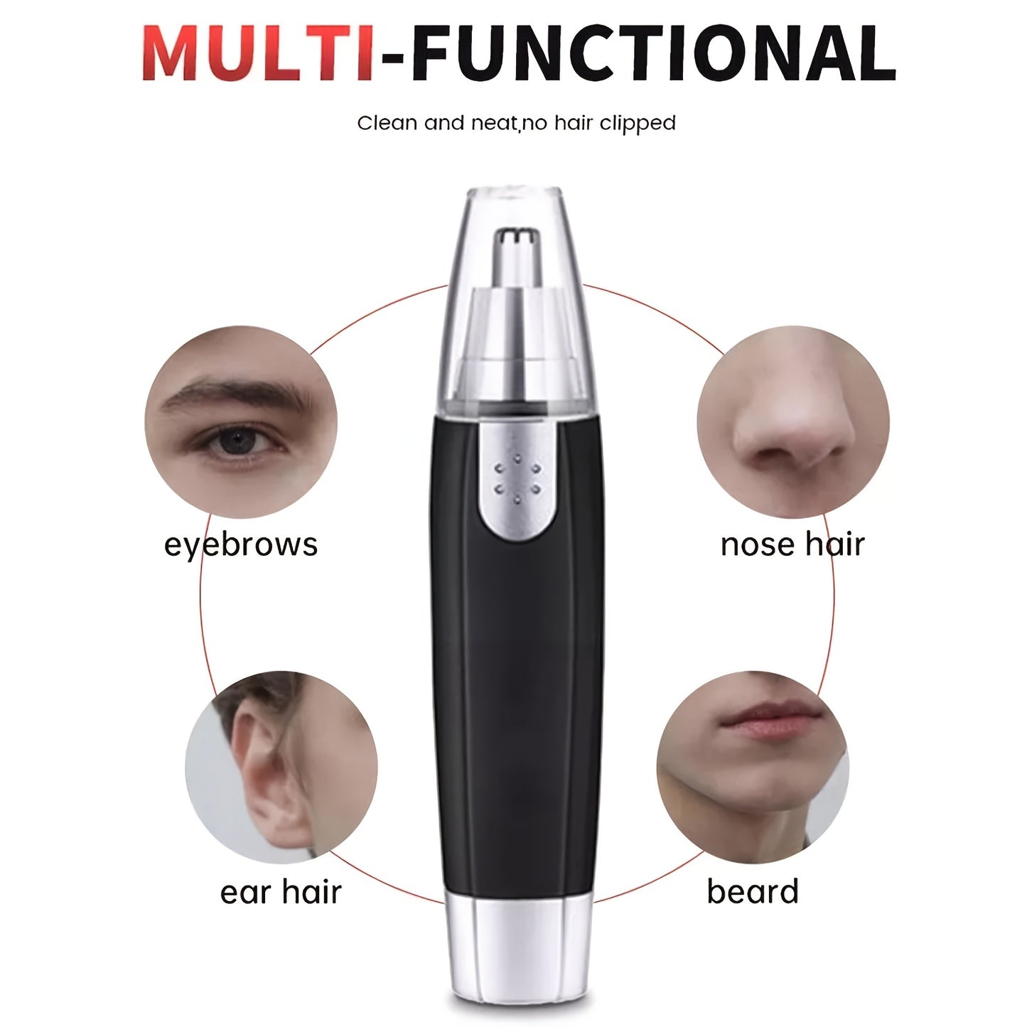 Cordless electric trimmer for men and women for nose, ears, neck, eyebrows, and hair.