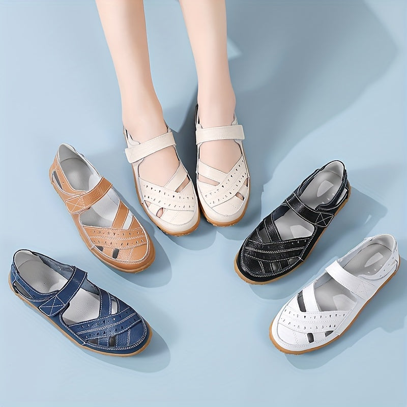 Flat heel round toe strappy back synthetic beach shoes for women, featuring hook-and-loop fastener.